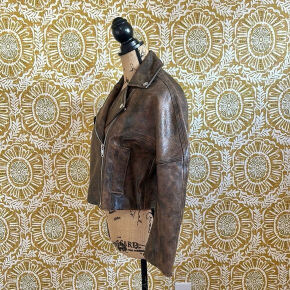 GANNI Washed Perfecto Brown Leather Cropped Biker Jacket size 36 US S Sold Out - Picture 9 of 16